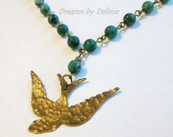 Brass Swallow and Laguna Lace Agate Necklace - Flying Bird Agate Necklace
