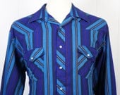 Vintage Men's Blue, Red, Black & Gold Striped Plaid Western Pearl Snap Shirt - Long Sleeve, Size L / XL