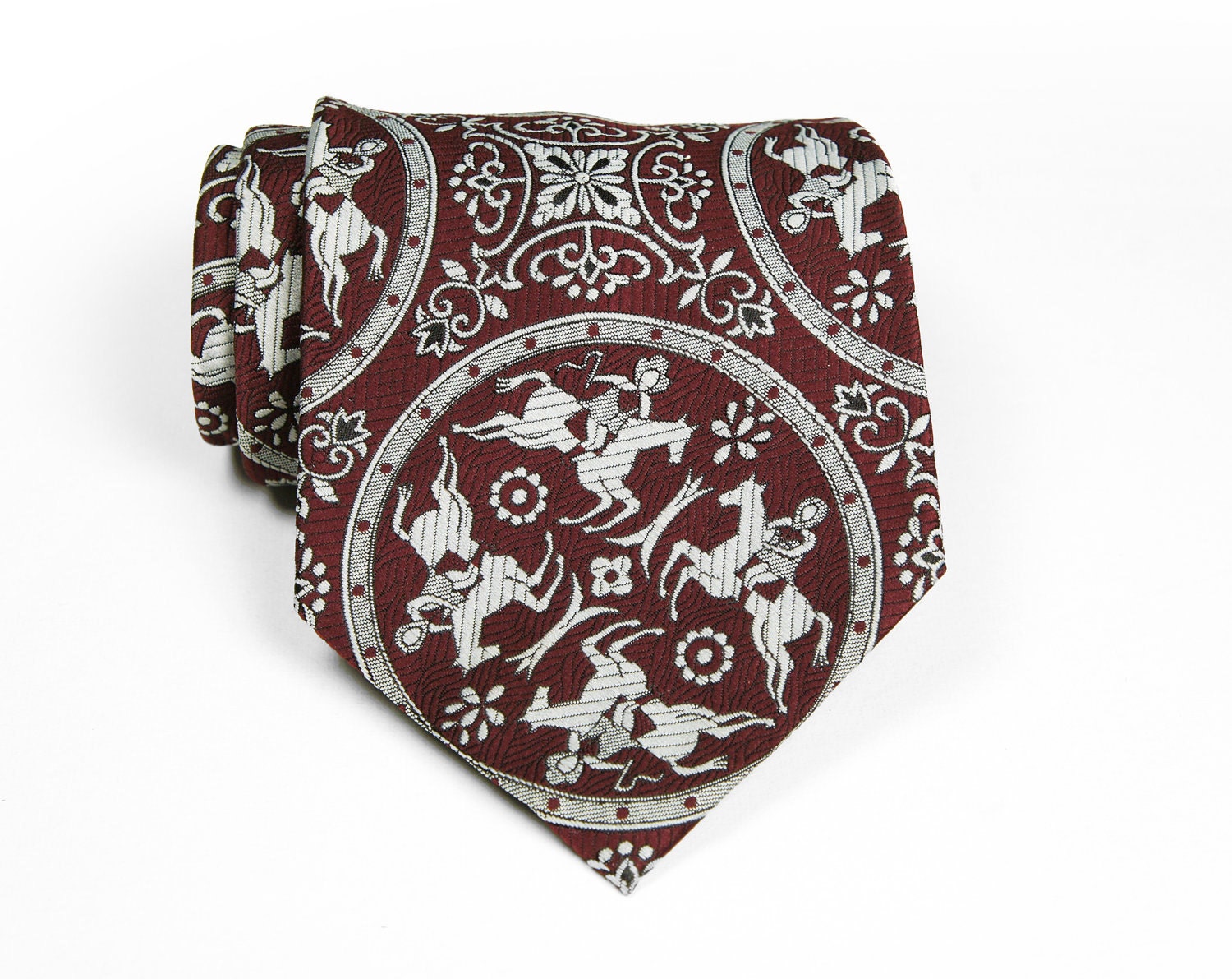 Vintage 1970's Maroon, Black & Gray Horse and Rider Necktie