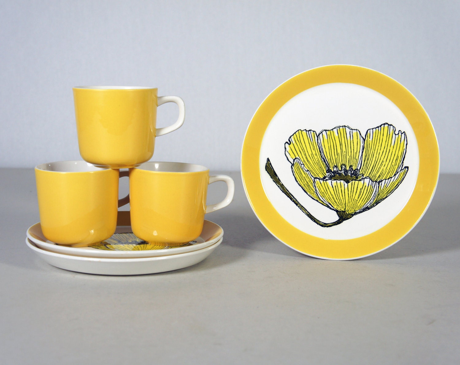 Yellow Plate and Vintage  Cup vintage 1970's by plates HoofAndAntler Poppy Coffee cup