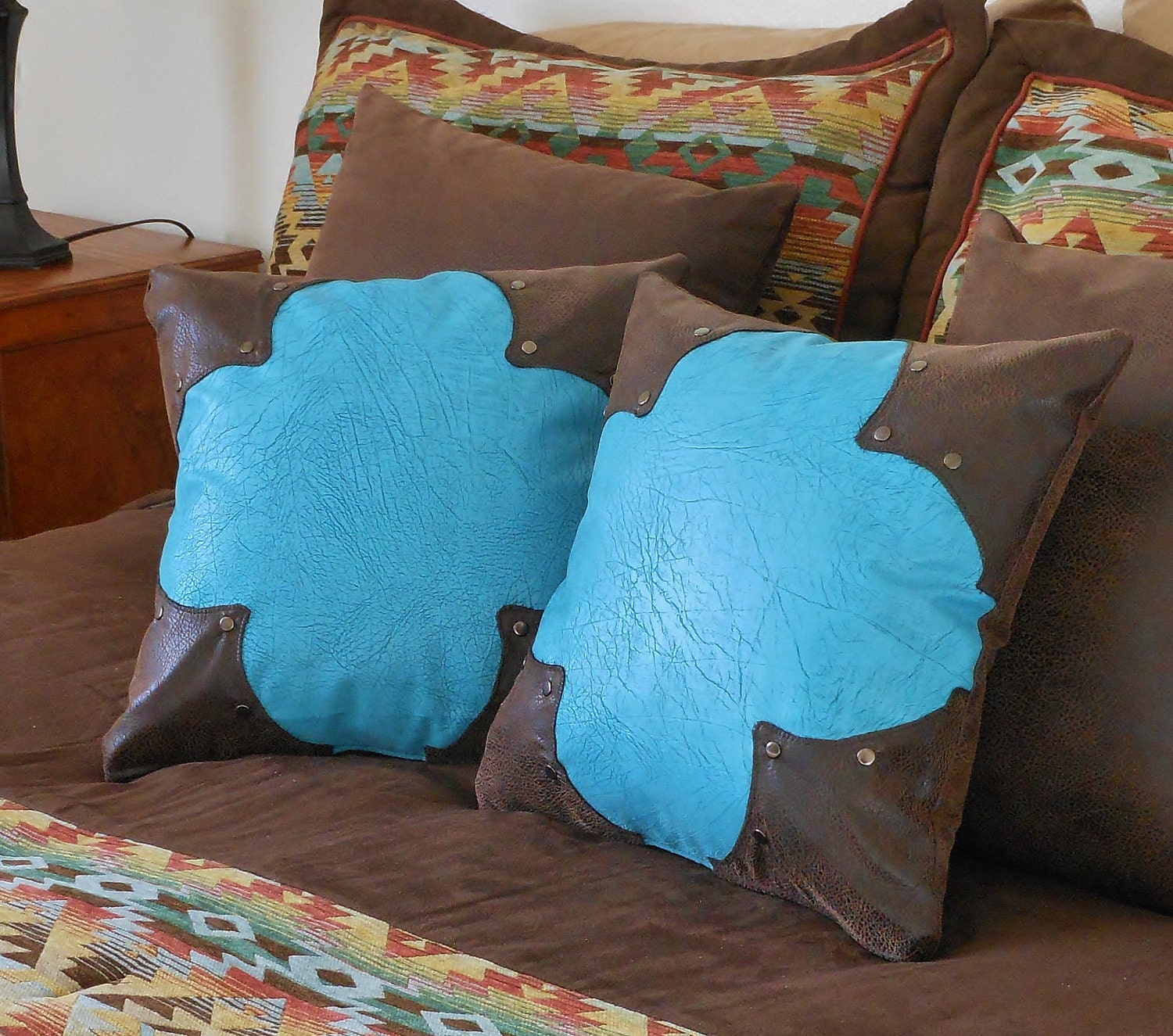 Western Turquoise Pillow Set leather pillows with by LizzyandMe