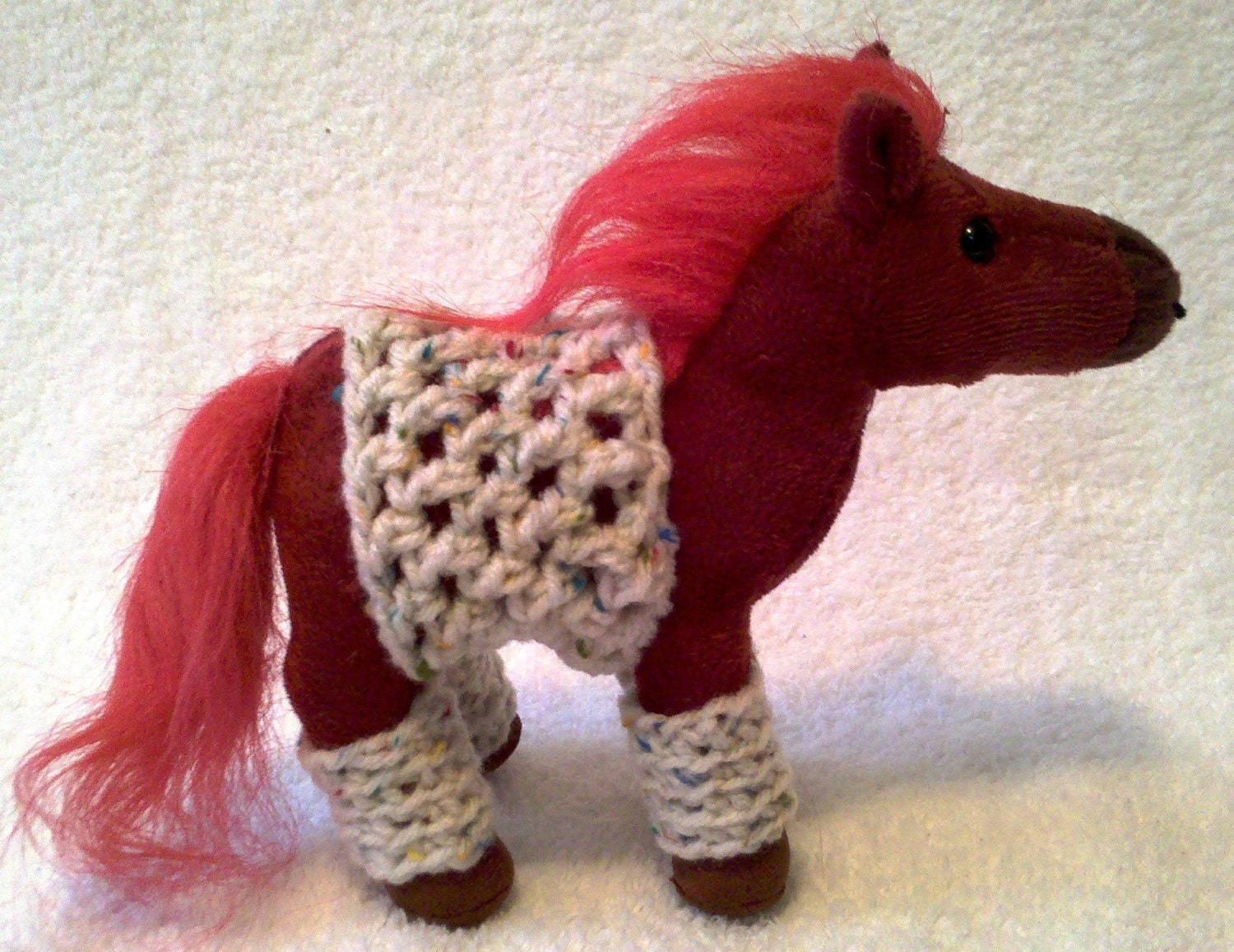 Plush Brownish Red Horse with Cowl/Blanket and Legwarmers - a 5-piece accessory set - Play Jewelry for a Little Girl