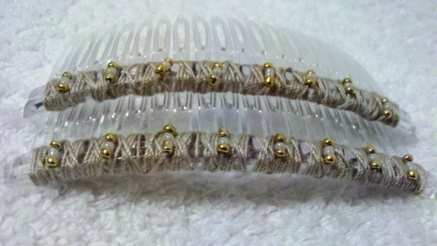 Beaded Hair Combs - Khaki and Gold - One Pair
