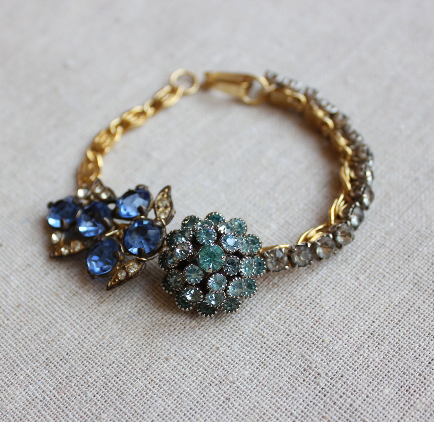 Blue Vintage Rhinestone Brooch Bracelet