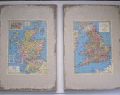 Vintage Maps On Canvas-Set of 2 Burlap 1952 Scotland and England Blue Maps