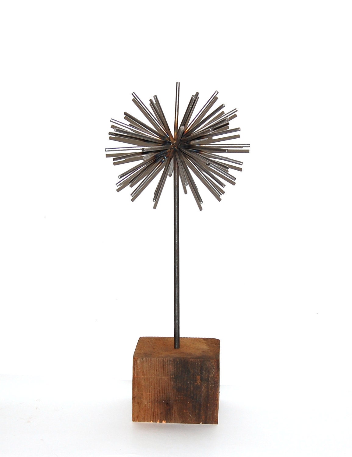 atomic art sculpture - steel sphere sculpture - wood - industrial art - recycled steel - mid century sculpture - home decor - garden decor