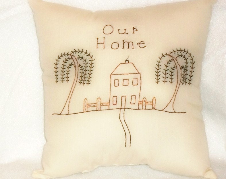 Pillow Stitchery  Primitive Saltbox Folk Art Original Design Our Home Design