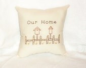 Stitchery Pillow Primitive Original Design Birdhouses Hand Embroidered