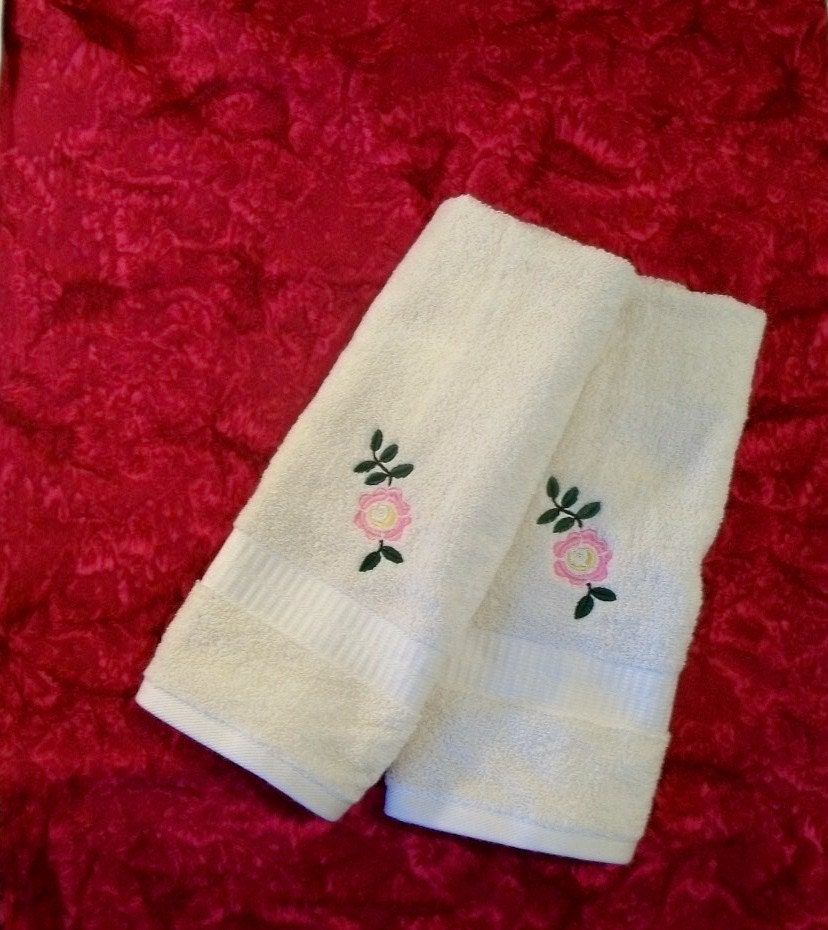 Bath Hand Towels Rose Machine Embroidered by NeedlesnPinsStichery