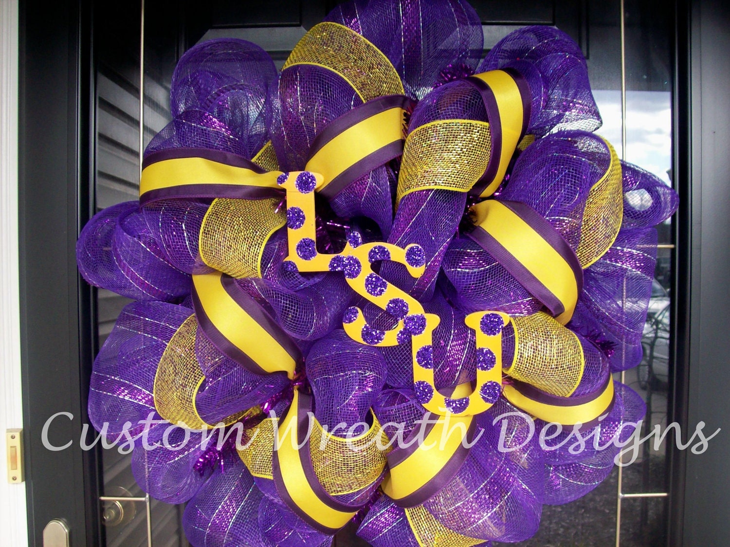New Purple Deco Mesh LSU Wreath with glitter letters