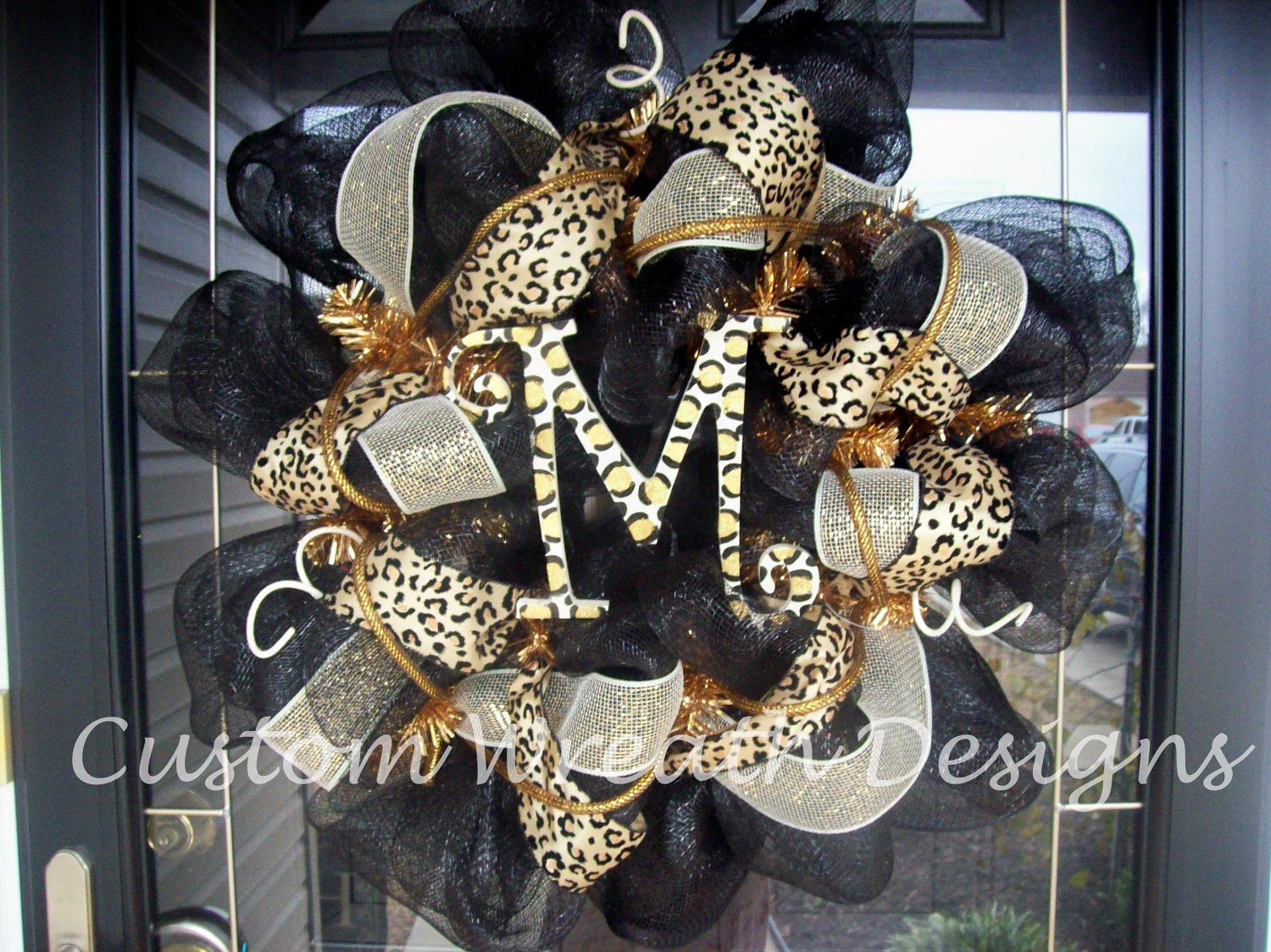 Black and Leopard Monogram Mesh Wreath