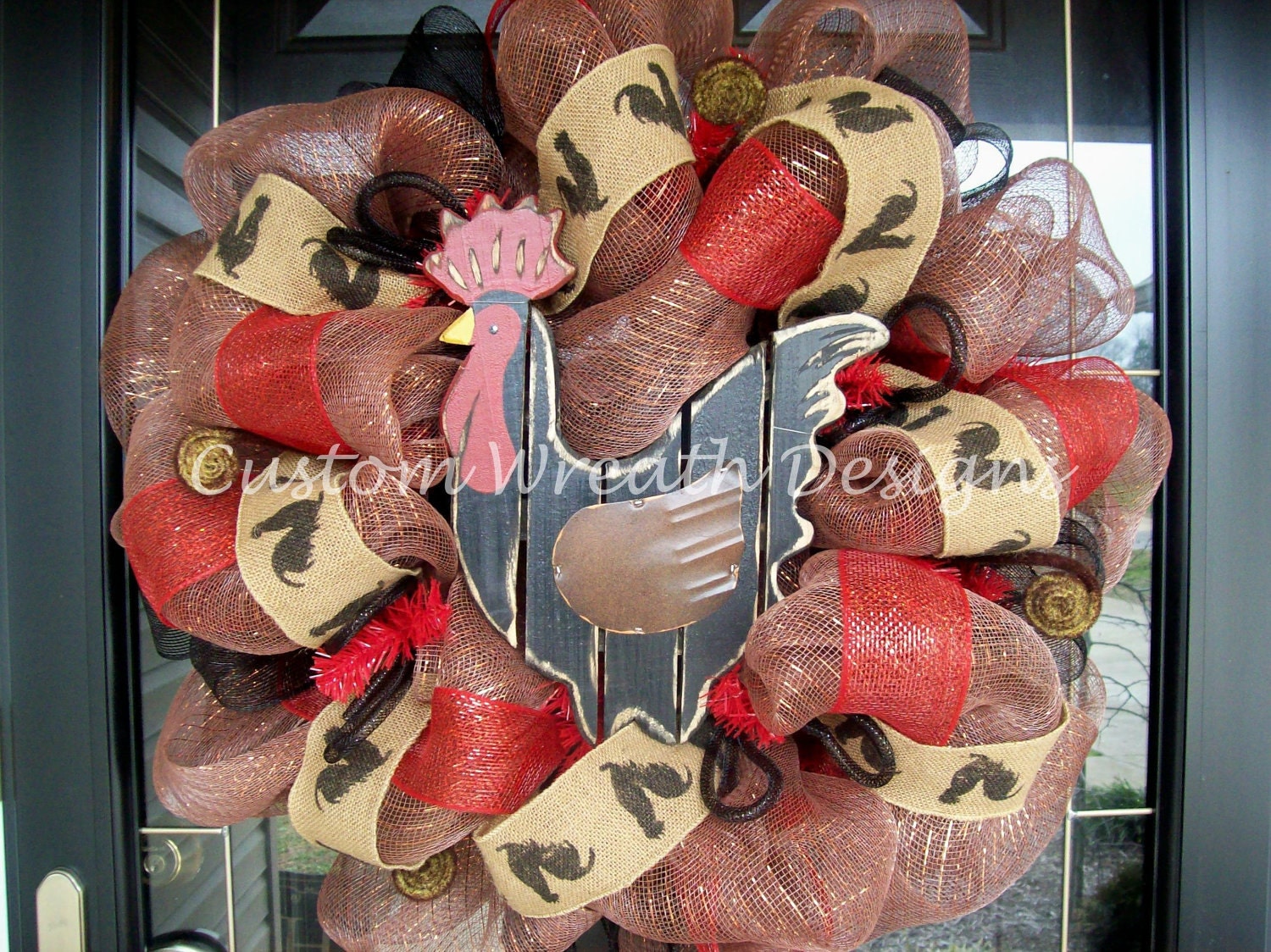 Rooster Mesh Wreath with Burlap