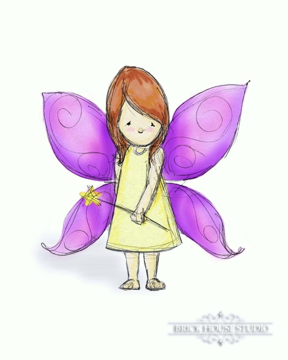 Children's Room Art - Fairy Girl with Brown Hair -  8x10 Illustration
