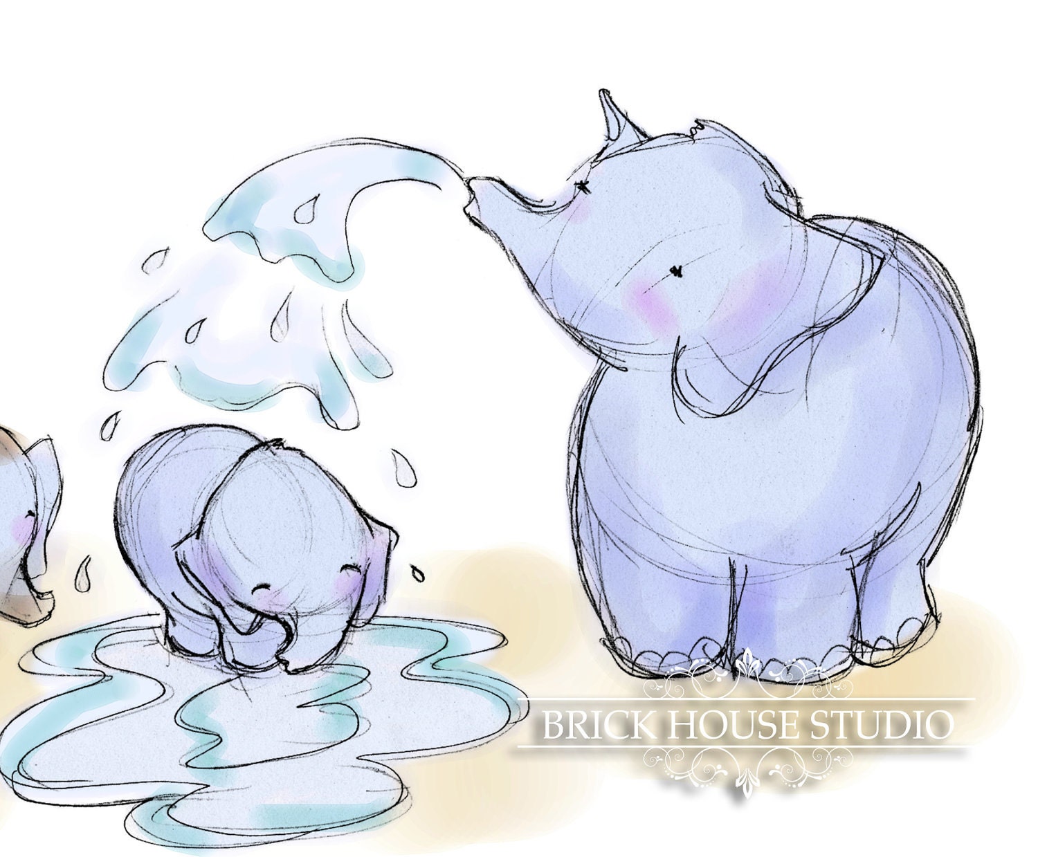 Nursery Art - Elephant Bath Time, 8x10 Illustration