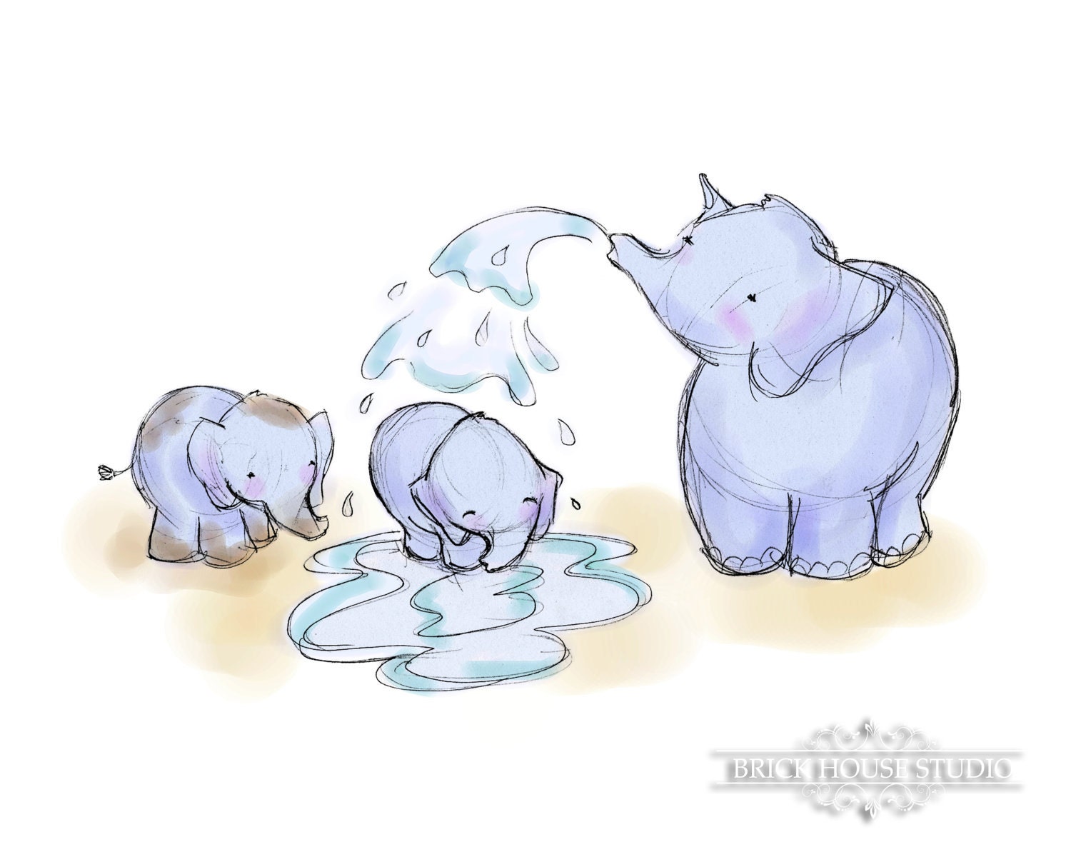 Nursery Art - Elephant Bath Time, 8x10 Illustration