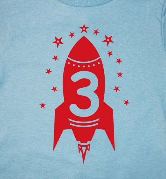 Rocket Third Birthday Happy boys 3rd Party Red Rocket Toddler Art Print on Light Blue Short Sleeve tshirt 1st, 2nd, 3rd, 4th, 5th