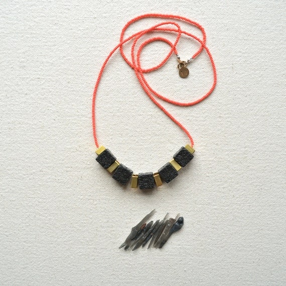 The Skyscraper Necklace- Jet Black Lava Rock and Hand Cut Raw Brass Squares