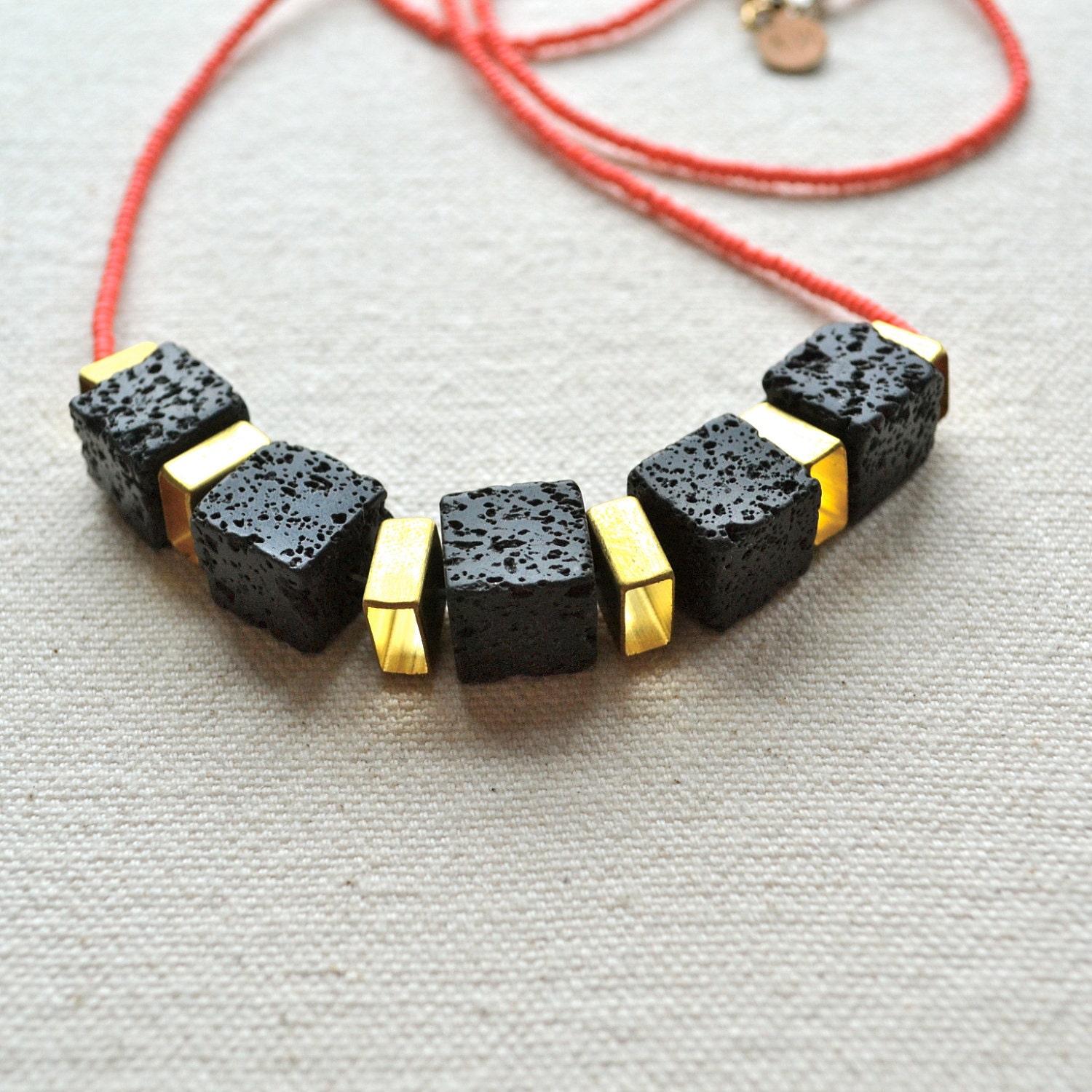 The Skyscraper Necklace- Jet Black Lava Rock and Hand Cut Raw Brass Squares