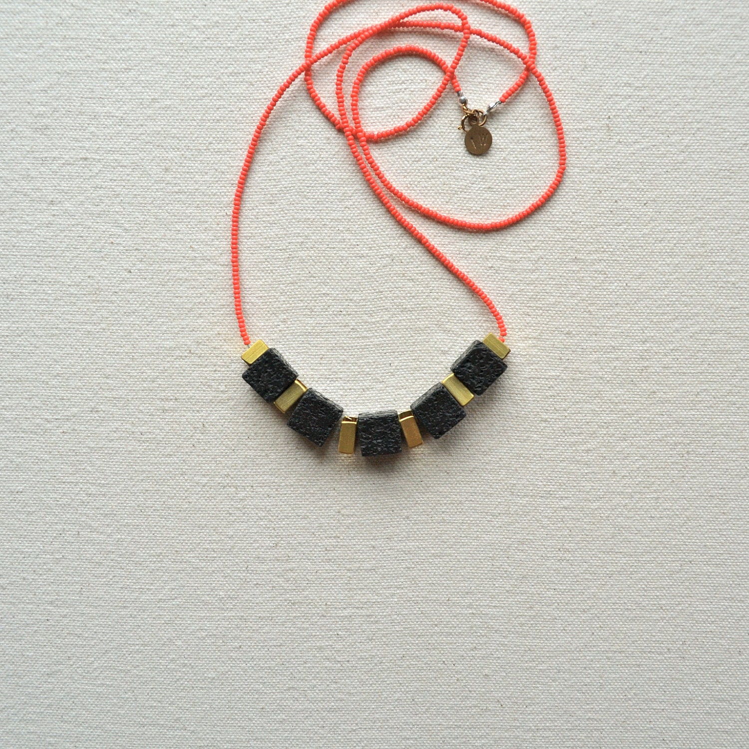 The Skyscraper Necklace- Jet Black Lava Rock and Hand Cut Raw Brass Squares