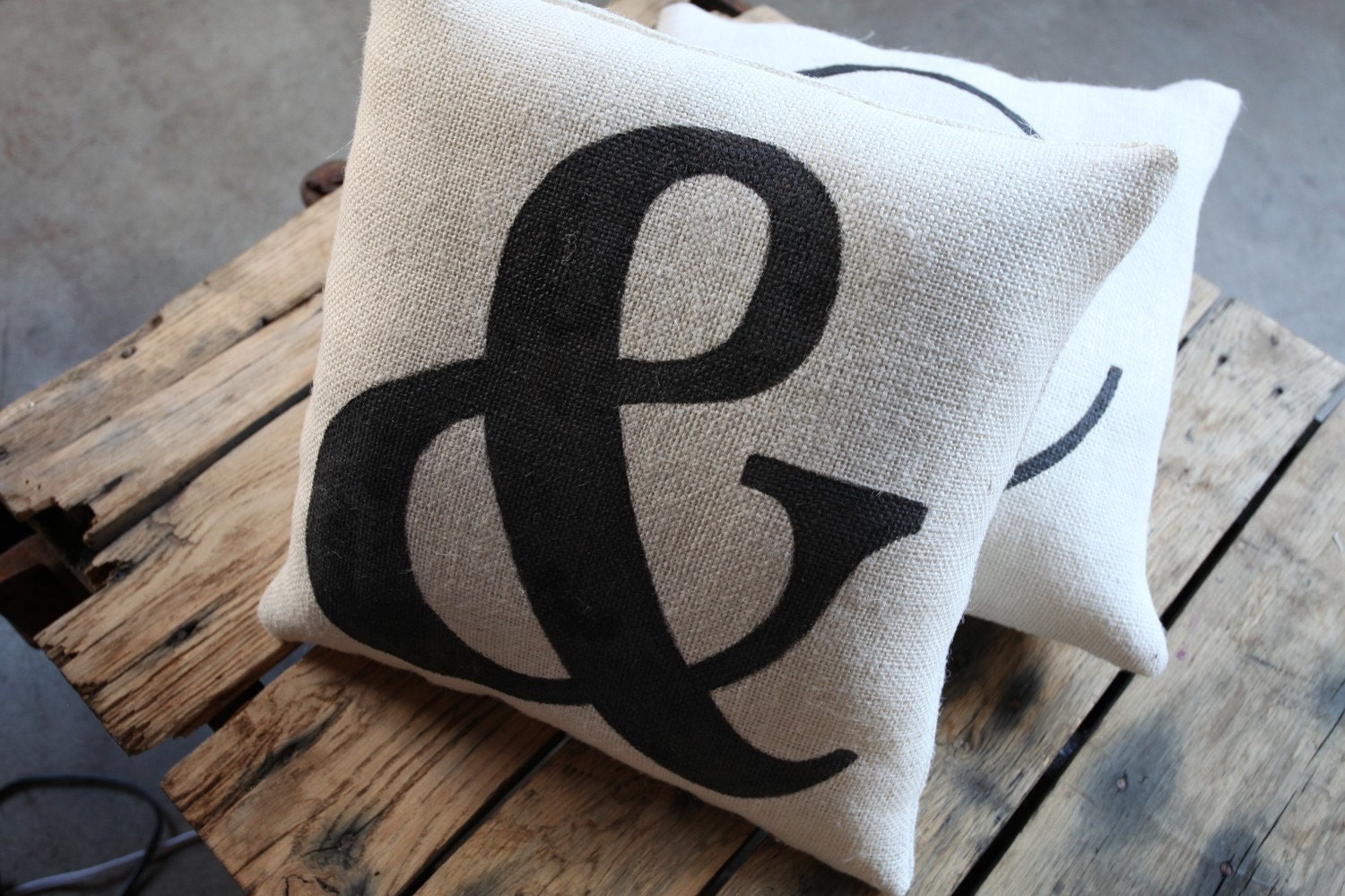 Contemporary "And" Sign Natural Burlap Pillow in Oyster White