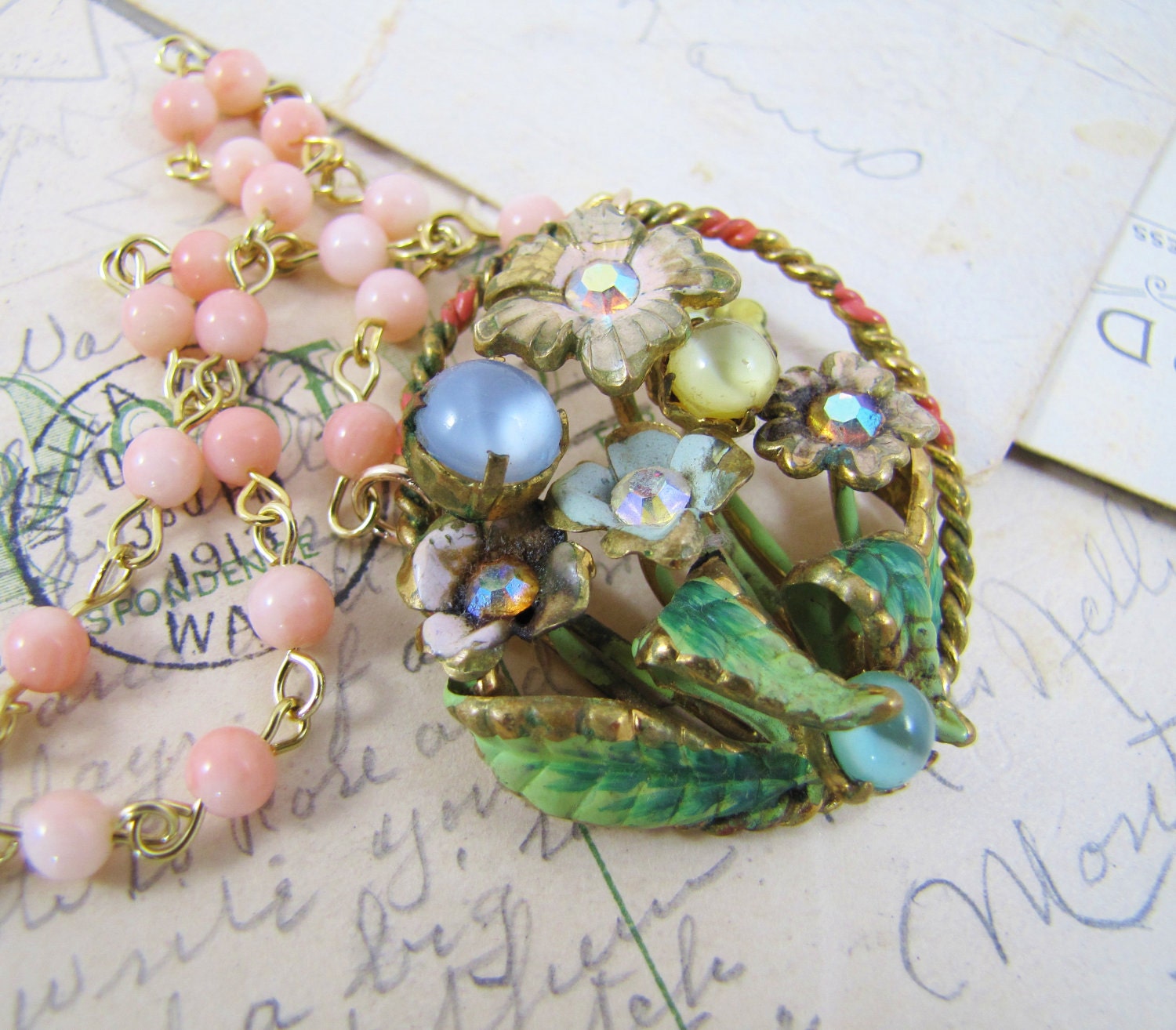Refashioned Vintage Austrian Enamel and Genuine Coral Necklace Pendant Necklace- One-of-a-Kind