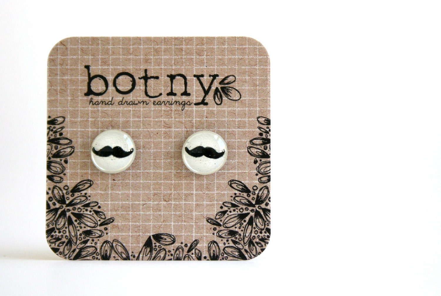 Snow White and Jet Black Comical Handlebar Mustache Brook Earrings