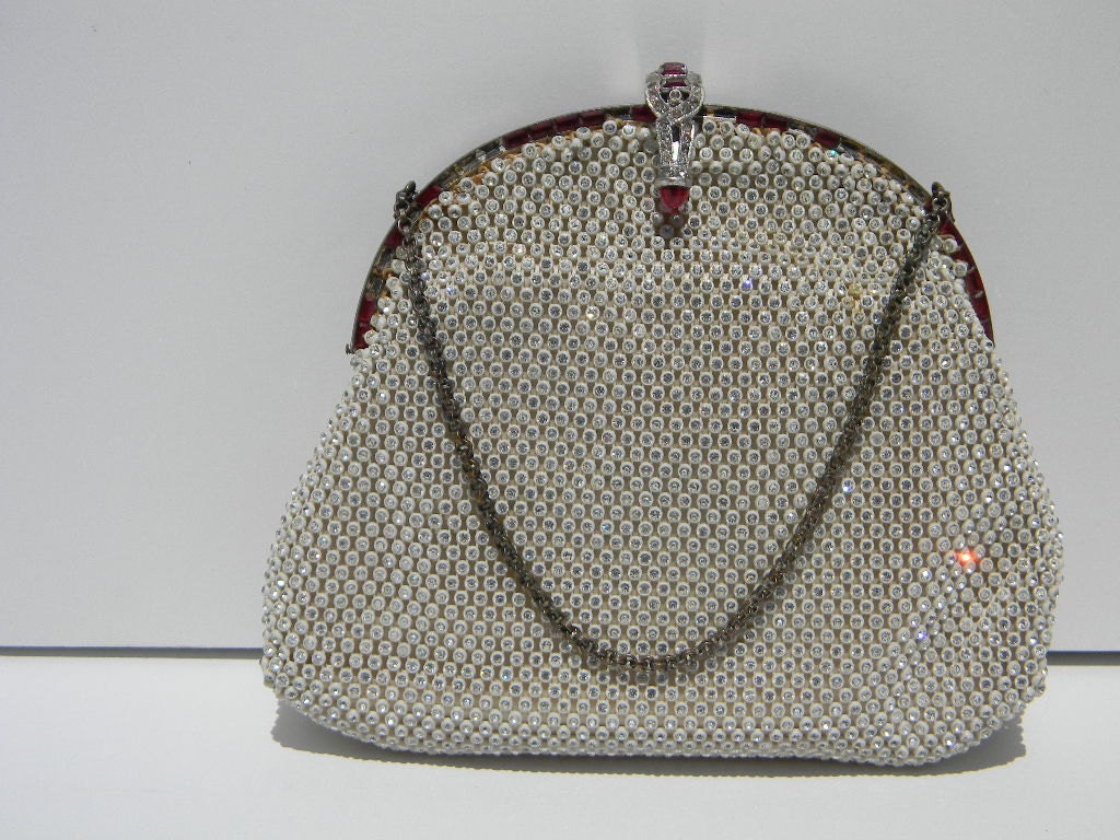 rubies are R E D.......art deco ruby and clear rhinestone clutch purse mirror and coinpurse