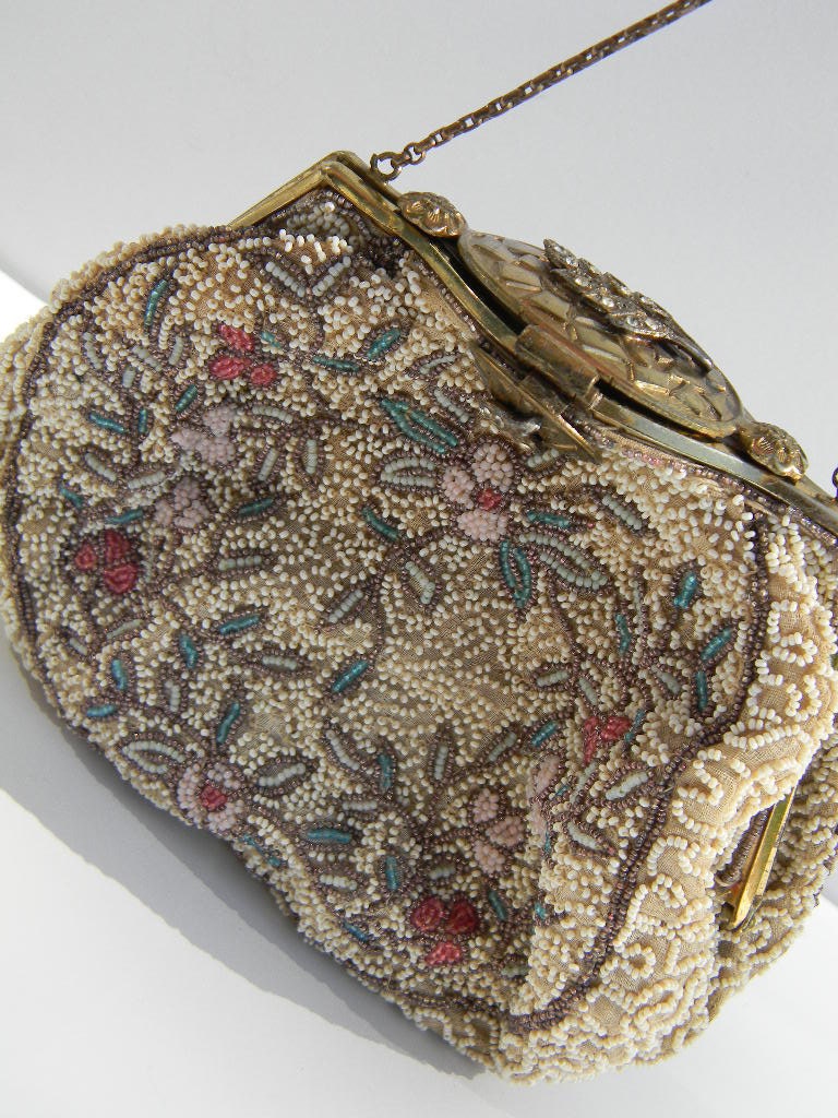 Reserved for Debi / vintage floral beaded pastel cap top handbag purse