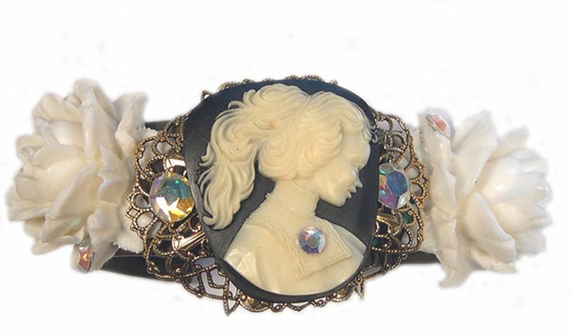 Upcycled Cuff Cameo Bracelet, cameo cuff bracelet, eco friendly, big, flowers, rhinestones, cameo jewellery, recycled cameo bracelet