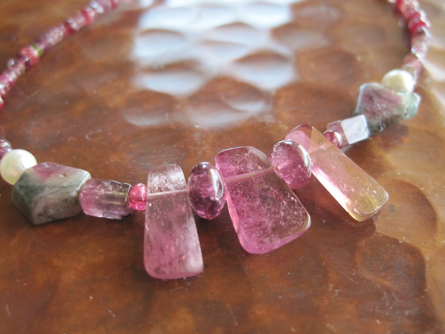 Pink Watermelon Tourmaline Slice Necklace Rough Raw Festive Pink Green Gemstone Slices Artisan Handcrafted Jewelry