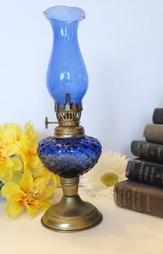 Vintage Oil Lamp Cobalt Blue Glass by VintageDecorPickers on Etsy
