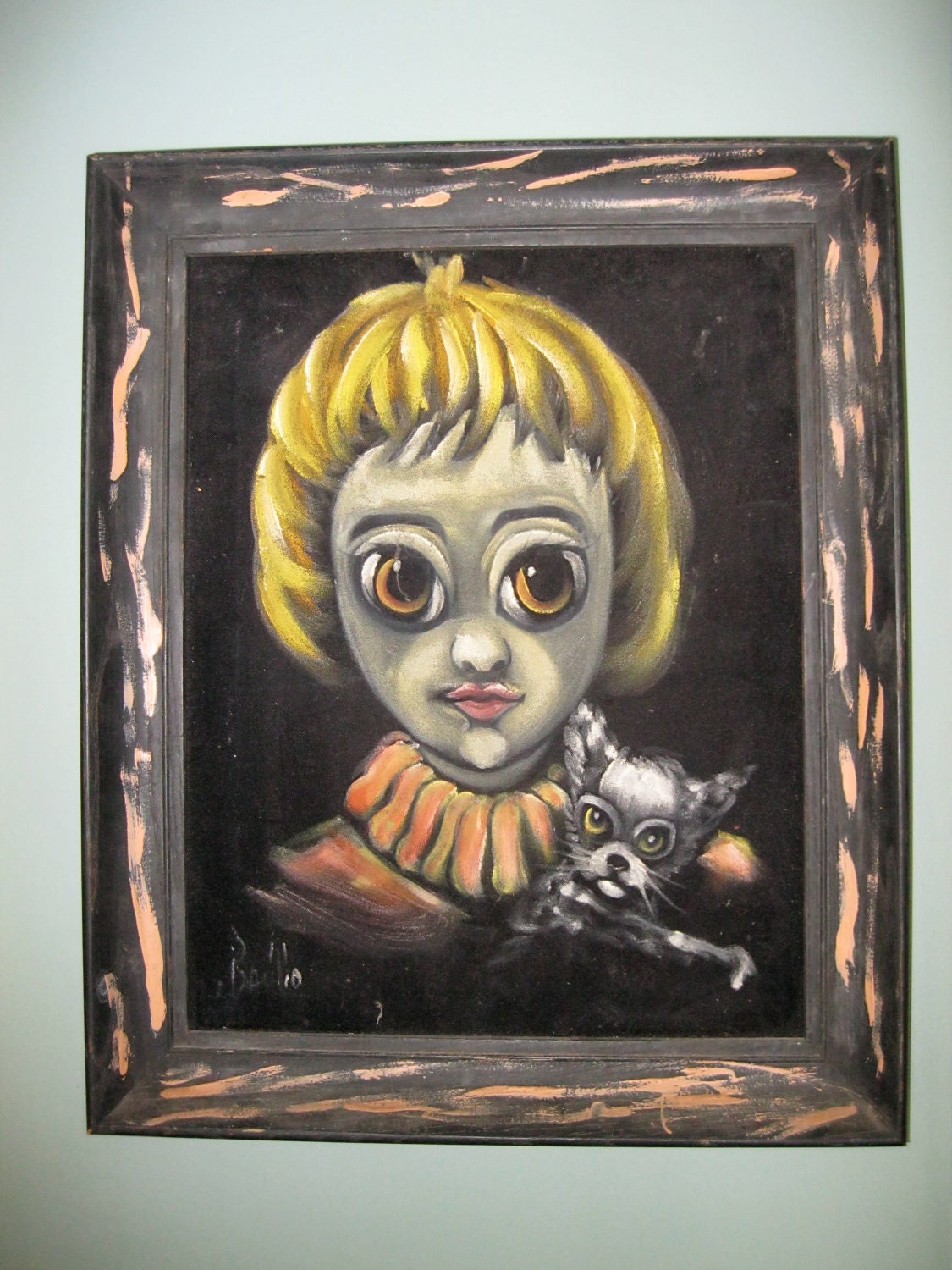 60s Mid Century Big Eye Velvet Painting / Boy with Cat / Framed / Signed / Pure Kitsch