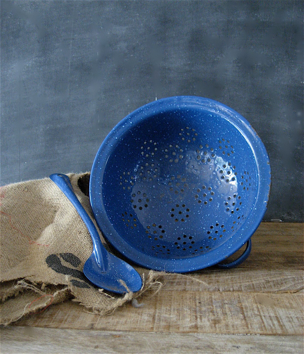 Set of Vinatge Enamel Colander and Spoon