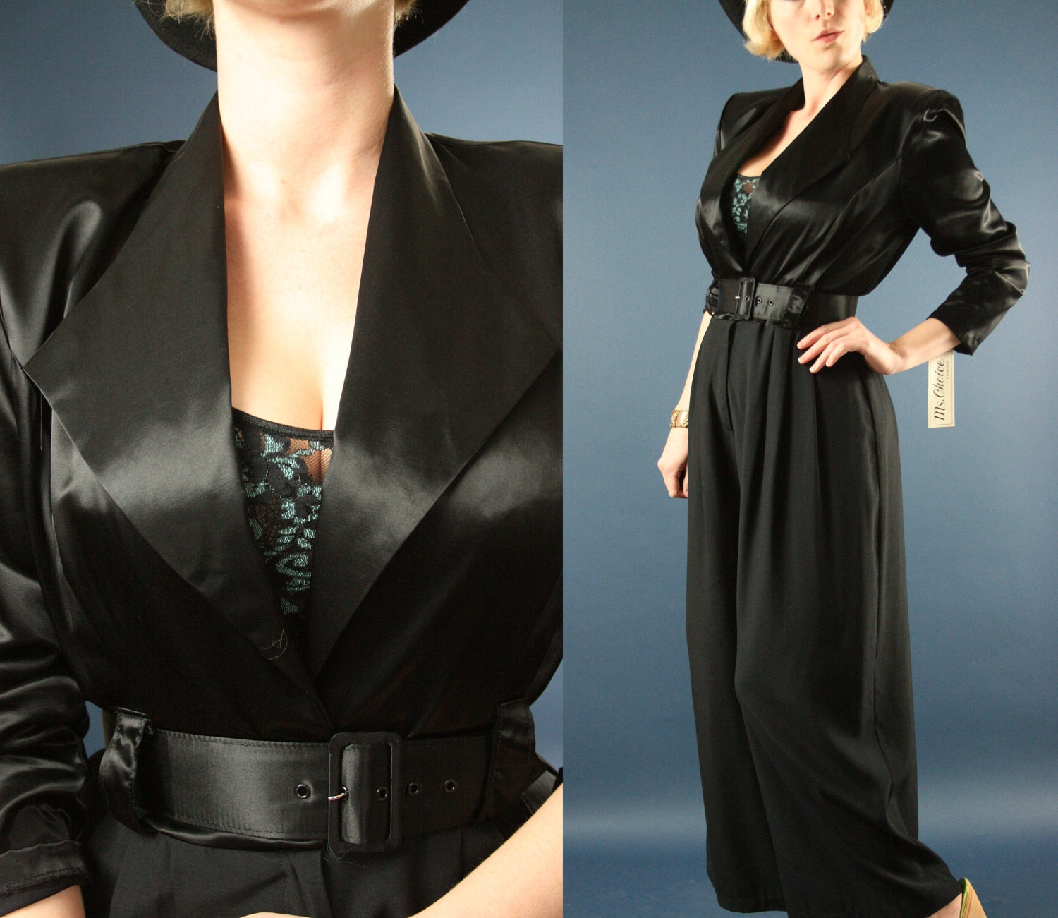 SALE 80s Does 40s Black Satin Double Breasted Belted Pants Suit NWT