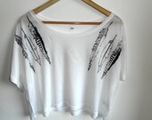 White Crop top hand printed with black feathers