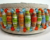 White Vegan Cuff with Aqua, Yellow Green, and Orange Paper Beads
