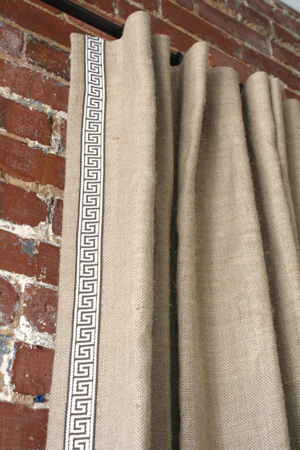108" Burlap Knife Pleated Drapery Panel with Greek Key Trim- Custom