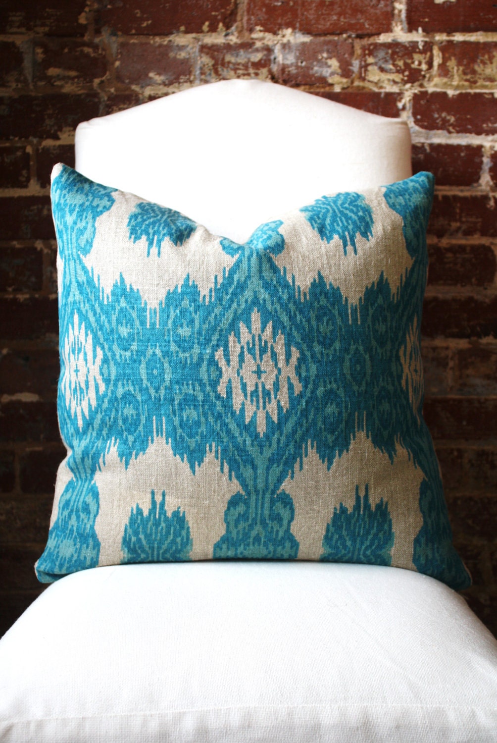 Bright Blue Ikat Hand Print on Natural Taupe Linen - Pillow Cover - 20"x20"