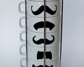 White Mustache Coffee Mugs - set of 6 stackable mugs and chrome holder