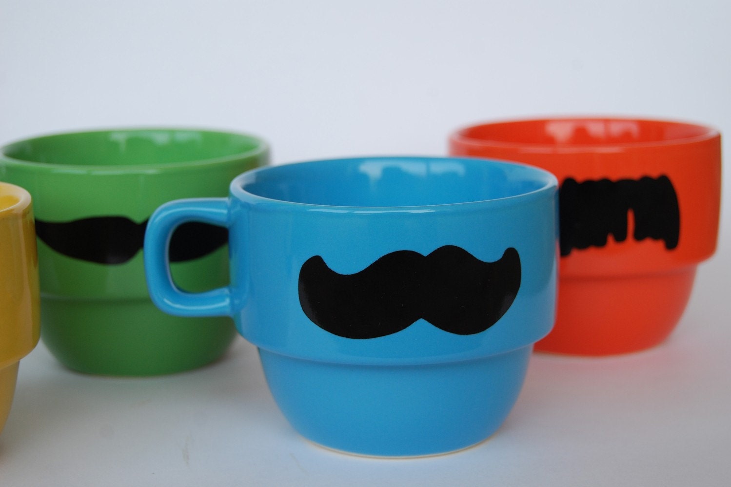Multi Color Mustache Coffee Mugs - set of 6 stackable mugs and chrome holder - featured in PEOPLE magazine