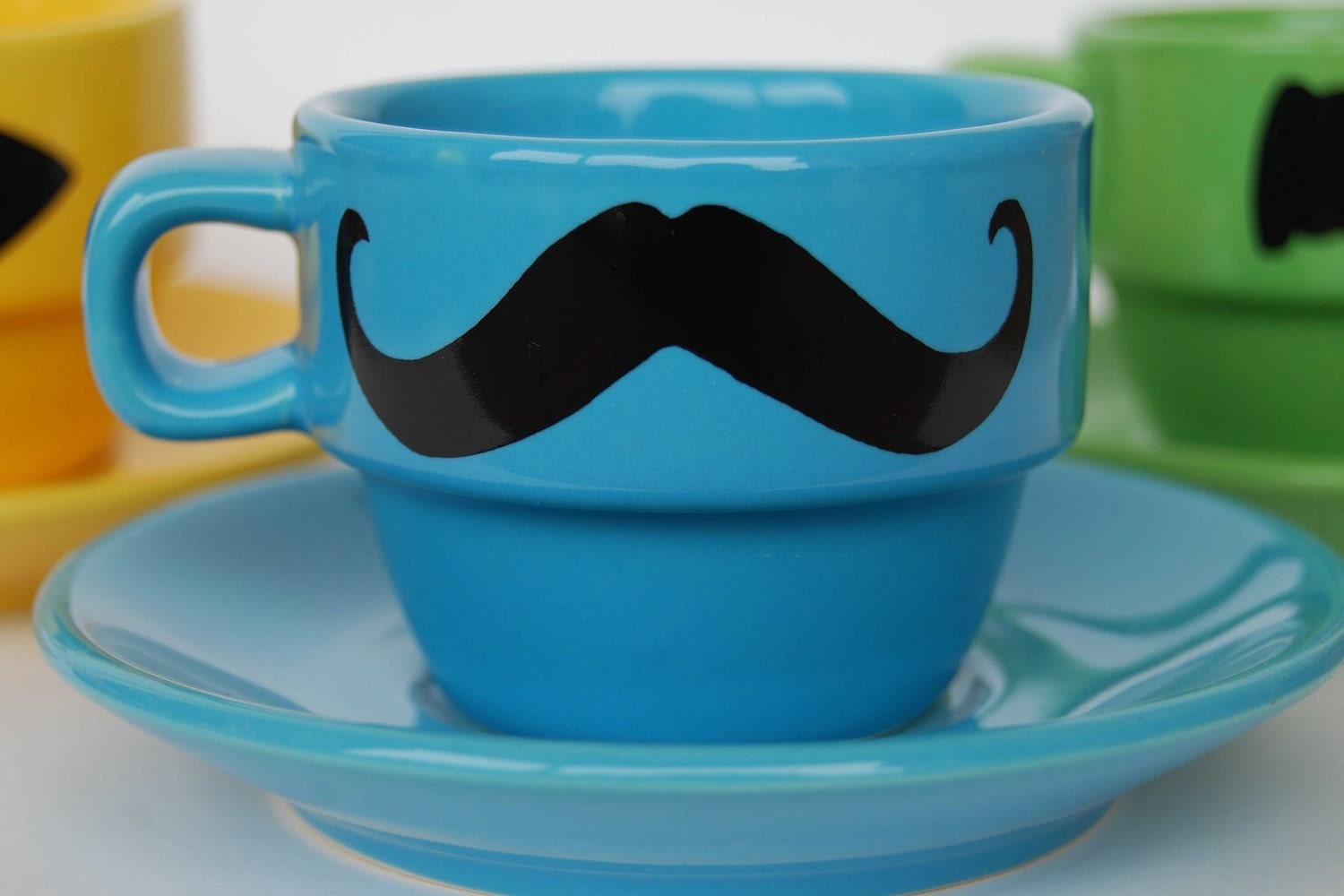 Multi Color Mustache Espresso Mugs and Saucers - set of 6 and a chrome holder - featured in Latina magazine
