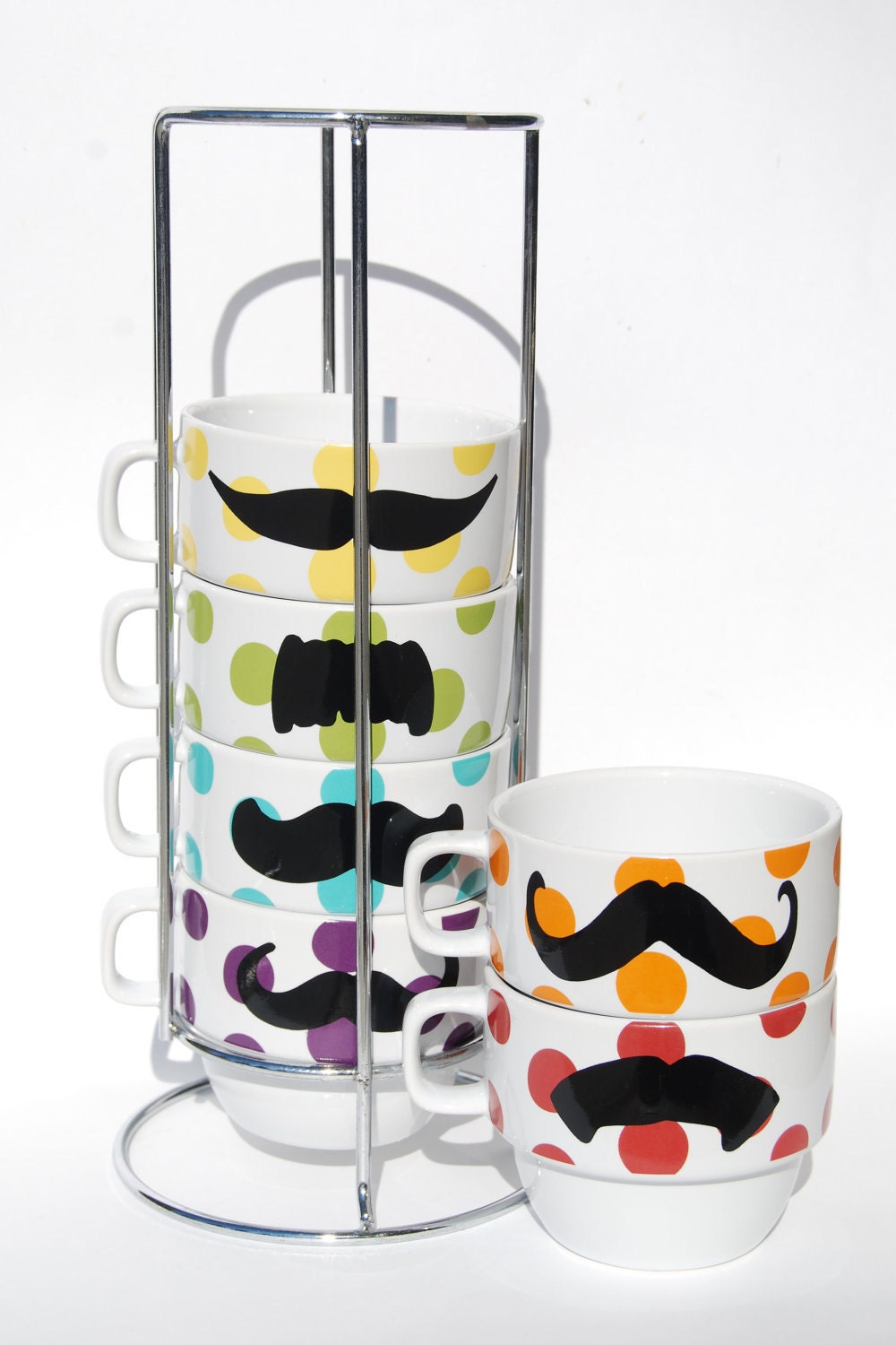 LAST ONE - Multi Color Polka Dot Mustache Coffee Mugs - set of 6 stackable mugs and chrome holder