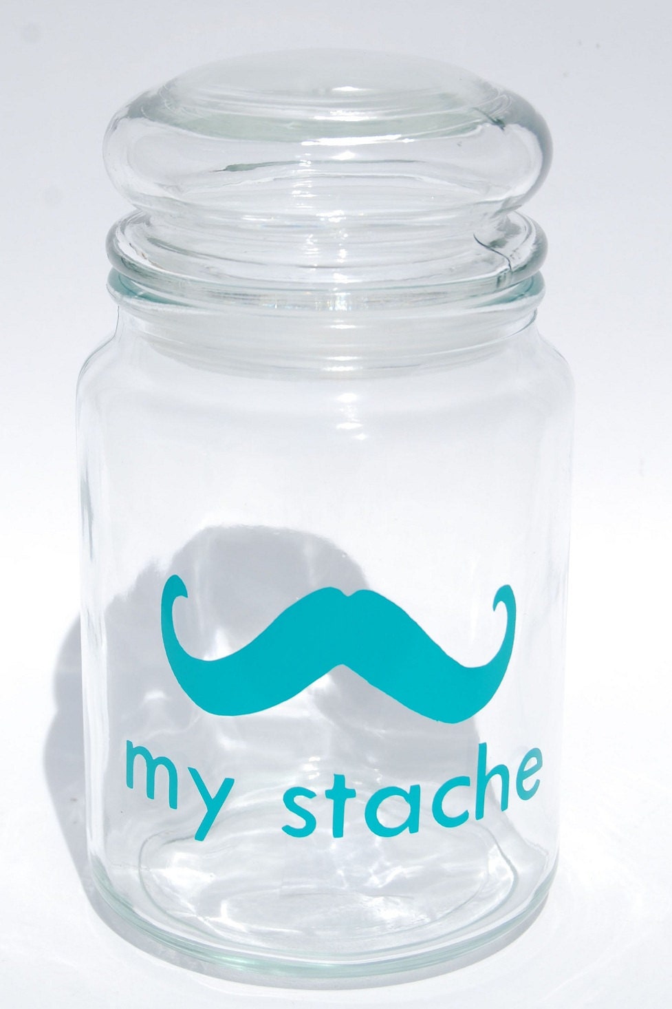 My Stache large jar.... the Gentleman Mustache Glass Jar...a perfect place for your 'STACHE'....THREE color options