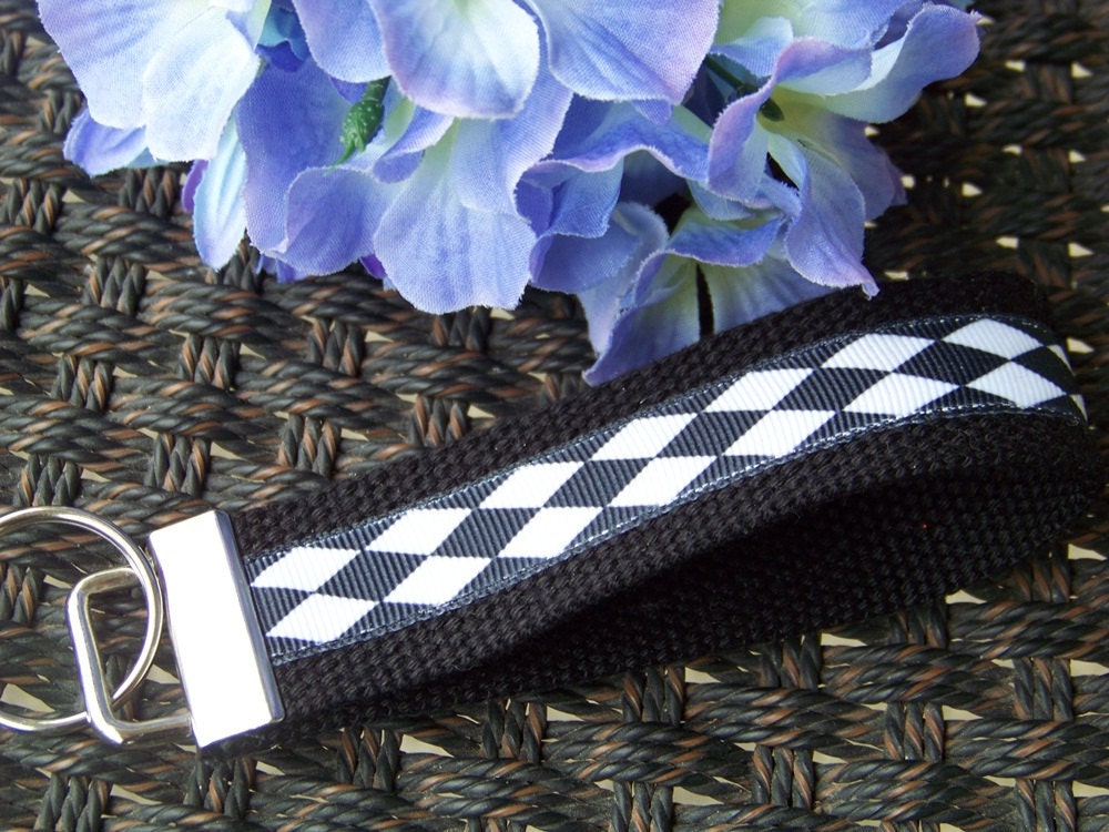 Wristlet Key Fob Key Chain - Black and White Harlequin Print on Black