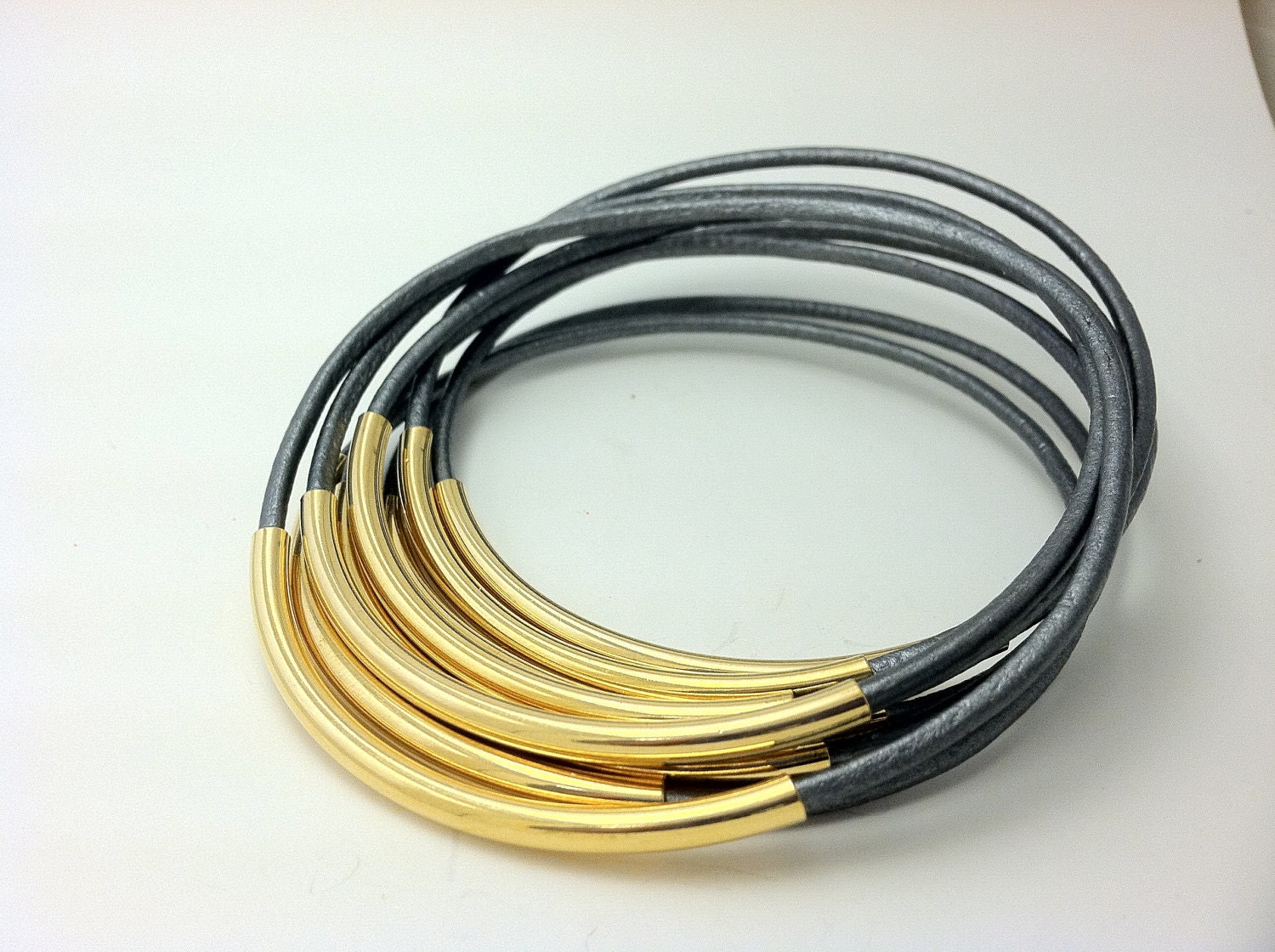 Metallic Grey  leather bangles with Silver or Gold Tube Beads, Leather bracelet