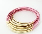 Metallic Pink Leather Bangle Bracelets with Silver or Gold tubes