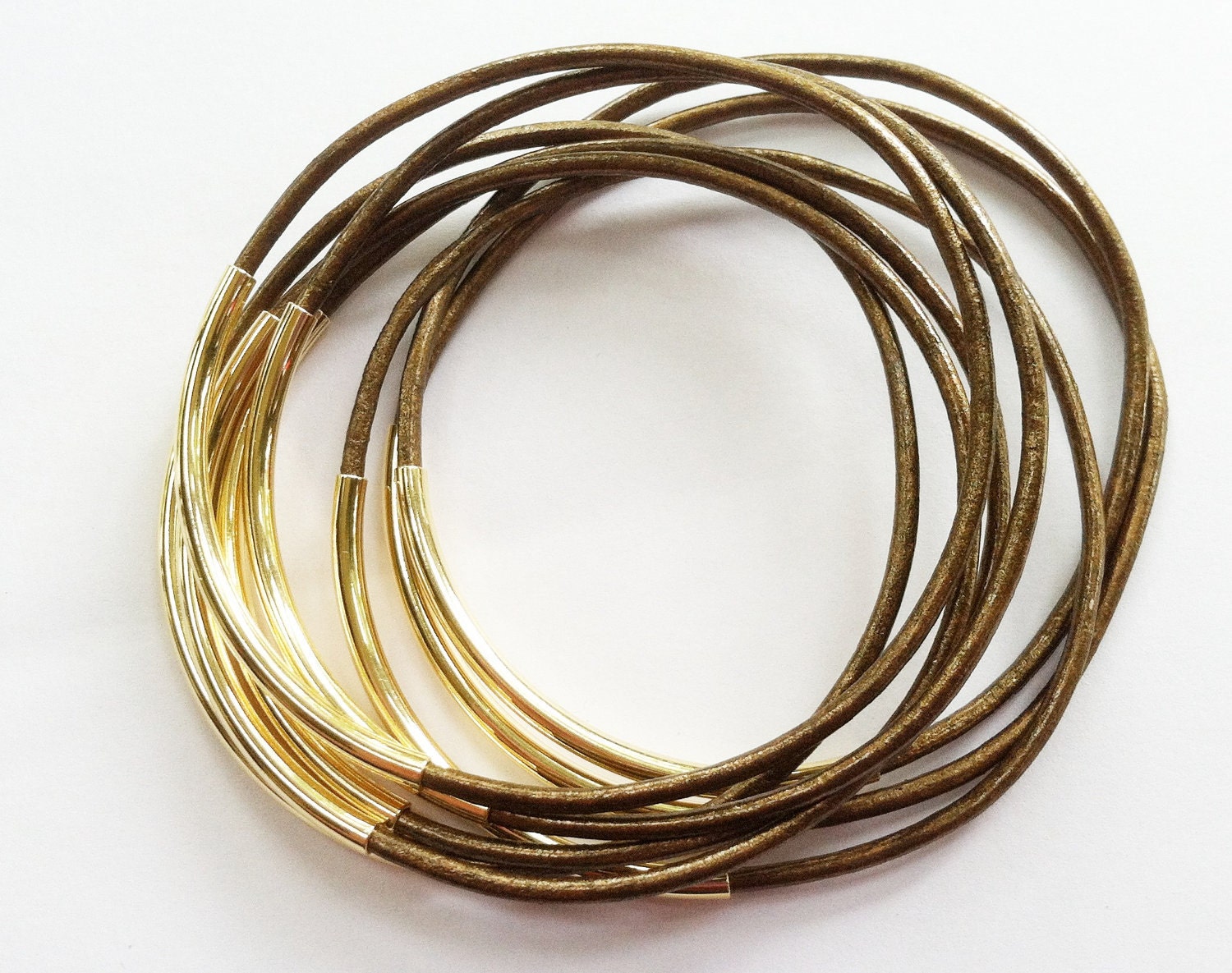 Kansa Leather bangles with Gold or Silver Tube Accents