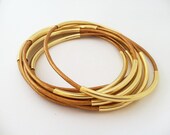 Indian Sun Leather Bangle Bracelets with Double Gold or Silver Tube Accents