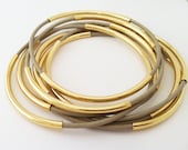 Taupe Leather Bangle Bracelets with Double Gold or Silver Tube Accents