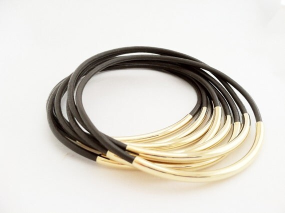 Chocolate Milk Leather Bangles with Gold or Silver tube Accents